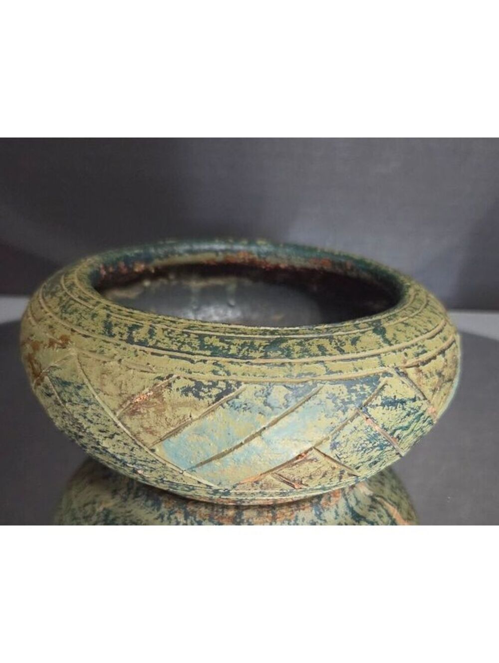 Vintage Handmade Art Pottery Bowl Southwestern Style Cut Pattern and Glaze